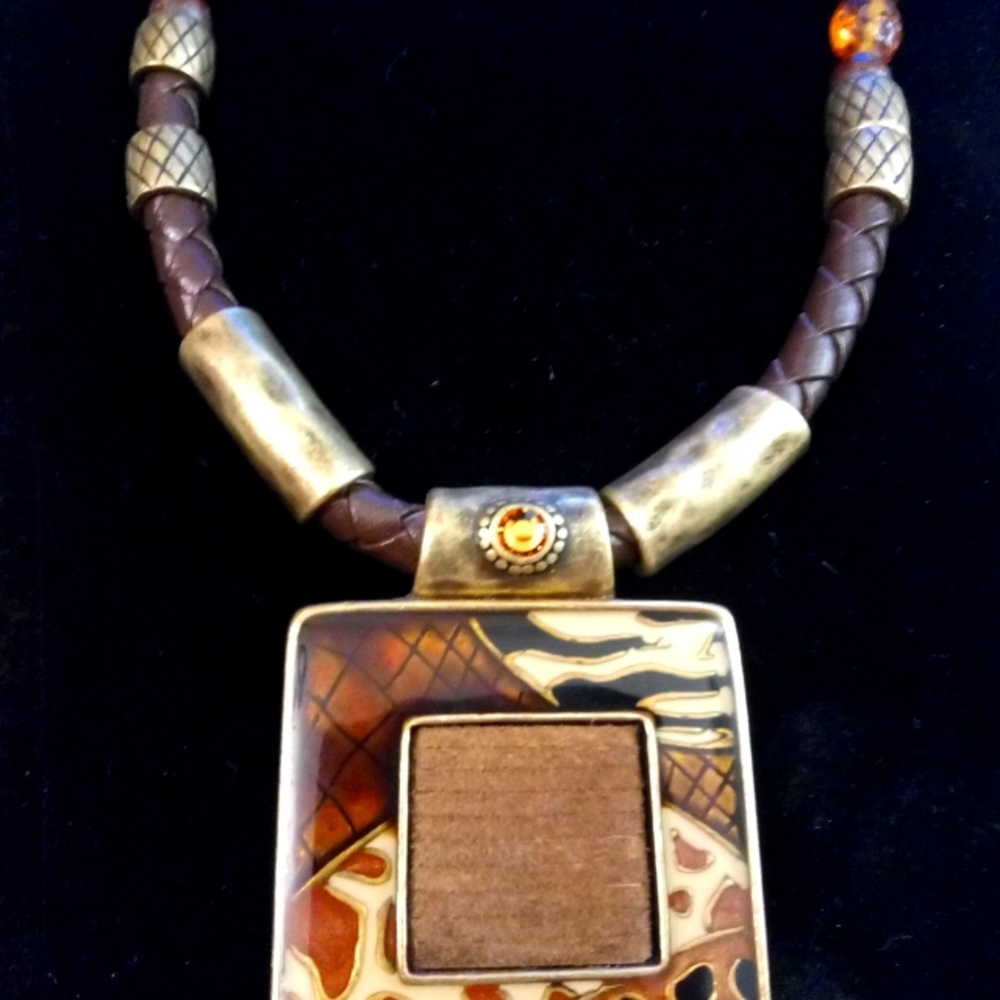 Chico's Necklace in Braided Leather Enamel Bronze African Adjustable